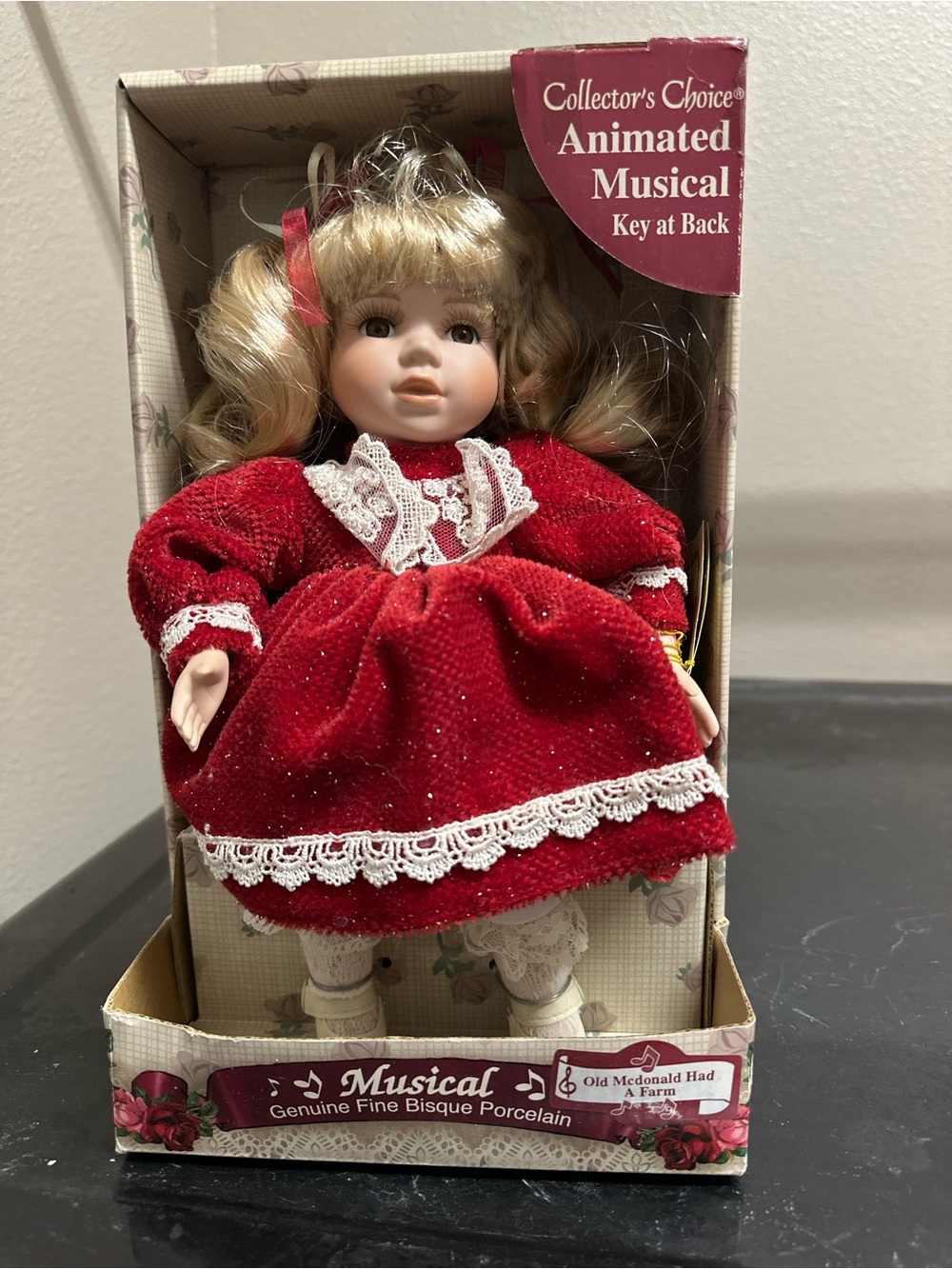 Animated Musical Porcelain Doll - Red